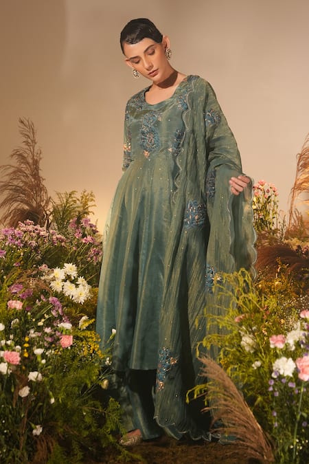 Midushi Bajoria_Green Crepe, Tissue Fleur Applique Swarovski Embellished Anarkali Gharara Set _Online_at_Aza_Fashions