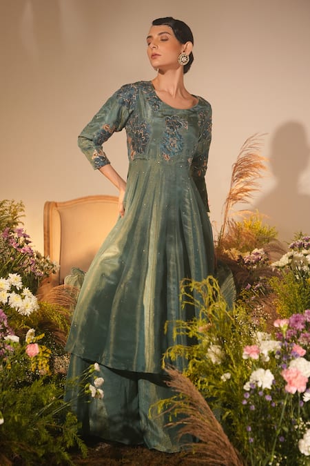 Buy_Midushi Bajoria_Green Crepe, Tissue Fleur Applique Swarovski Embellished Anarkali Gharara Set _Online_at_Aza_Fashions