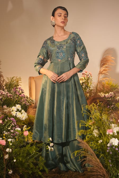 Shop_Midushi Bajoria_Green Crepe, Tissue Fleur Applique Swarovski Embellished Anarkali Gharara Set _Online_at_Aza_Fashions