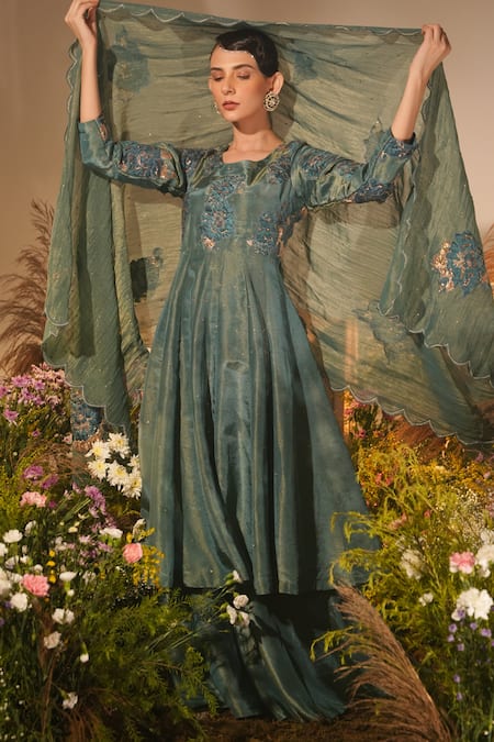 Midushi Bajoria_Green Crepe, Tissue Fleur Applique Swarovski Embellished Anarkali Gharara Set _at_Aza_Fashions