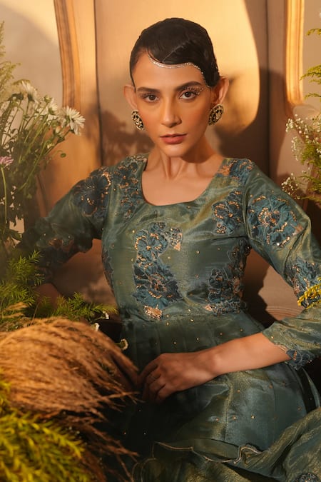 Buy_Midushi Bajoria_Green Crepe, Tissue Fleur Applique Swarovski Embellished Anarkali Gharara Set 