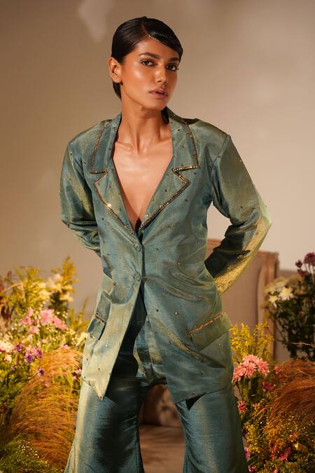 Buy Midushi Bajoria Green Shimmer Tissue Embroidery Embellished Blazer With Bell Bottom Pant Online at Aza Fashions Buy_Midushi Bajoria_Green Shimmer Tissue Embroidery Embellished Blazer With Bell Bottom Pant _Online_at_Aza_Fashions