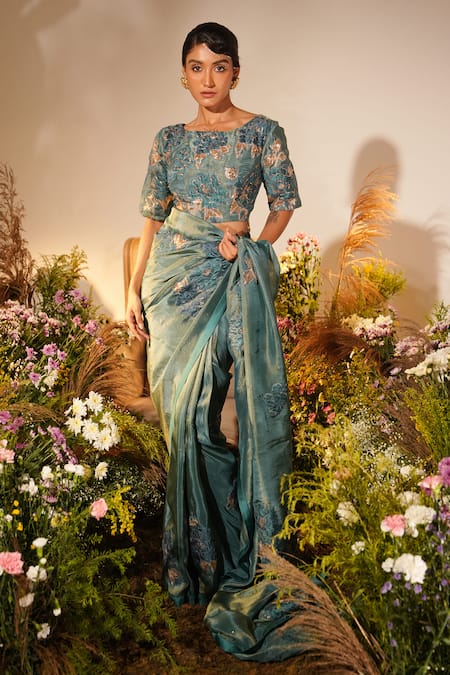 Shop_Midushi Bajoria_Green Tissue, Silk Bloom Applique Swarovski Embellished Saree With Blouse _at_Aza_Fashions