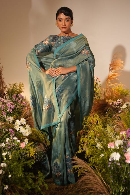 Midushi Bajoria_Green Tissue, Silk Bloom Applique Swarovski Embellished Saree With Blouse _Online_at_Aza_Fashions