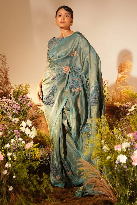 Buy_Midushi Bajoria_Green Tissue, Silk Bloom Applique Swarovski Embellished Saree With Blouse _Online_at_Aza_Fashions