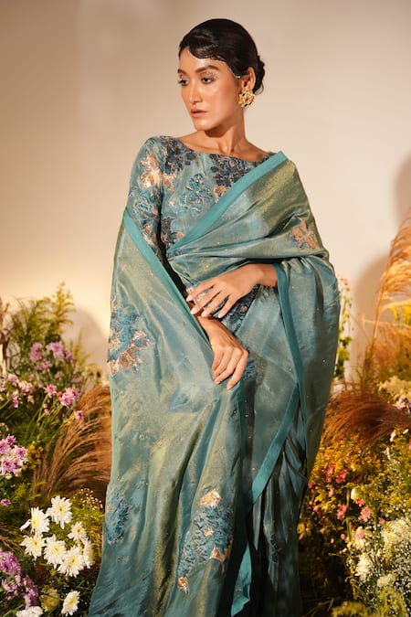 Shop_Midushi Bajoria_Green Tissue, Silk Bloom Applique Swarovski Embellished Saree With Blouse _Online_at_Aza_Fashions