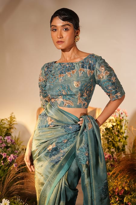 Midushi Bajoria_Green Tissue, Silk Bloom Applique Swarovski Embellished Saree With Blouse _at_Aza_Fashions