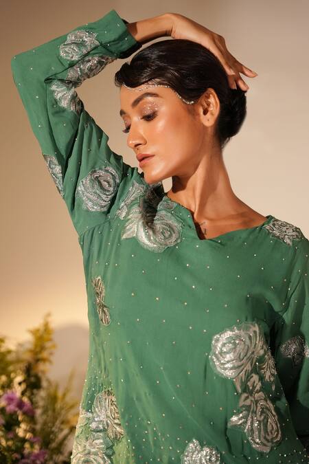 Buy_Midushi Bajoria_Green Georgette Embroidery Applique Rosa Swarovski Embellished Top With Pant _Online_at_Aza_Fashions
