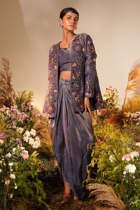 Midushi Bajoria Purple Silk Petunia Applique Swarovski Embellished Jacket Draped Skirt Set 