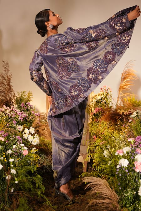 Shop_Midushi Bajoria_Purple Silk Petunia Applique Swarovski Embellished Jacket Draped Skirt Set _at_Aza_Fashions