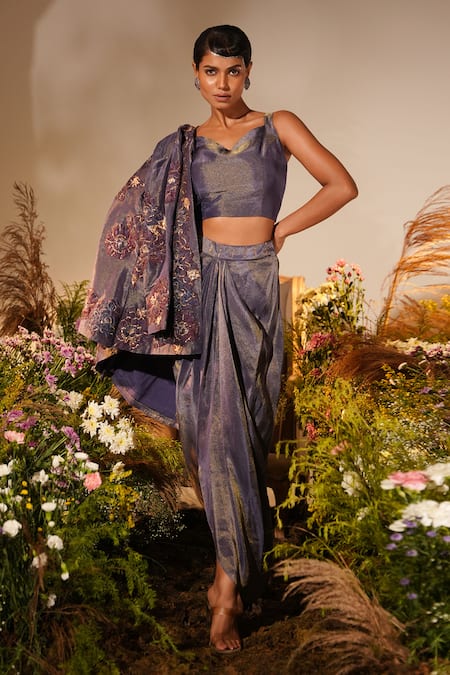 Midushi Bajoria_Purple Silk Petunia Applique Swarovski Embellished Jacket Draped Skirt Set _Online_at_Aza_Fashions