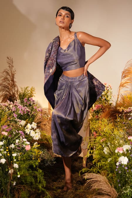 Buy_Midushi Bajoria_Purple Silk Petunia Applique Swarovski Embellished Jacket Draped Skirt Set _Online_at_Aza_Fashions