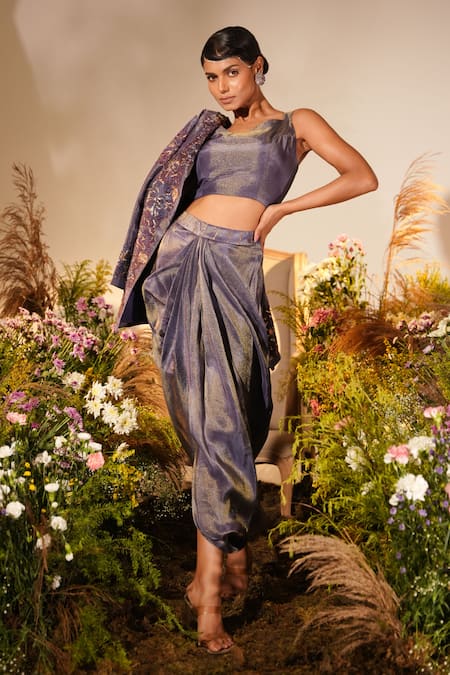 Shop_Midushi Bajoria_Purple Silk Petunia Applique Swarovski Embellished Jacket Draped Skirt Set _Online_at_Aza_Fashions