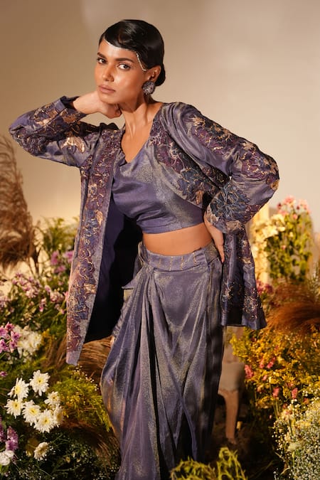 Midushi Bajoria_Purple Silk Petunia Applique Swarovski Embellished Jacket Draped Skirt Set _at_Aza_Fashions