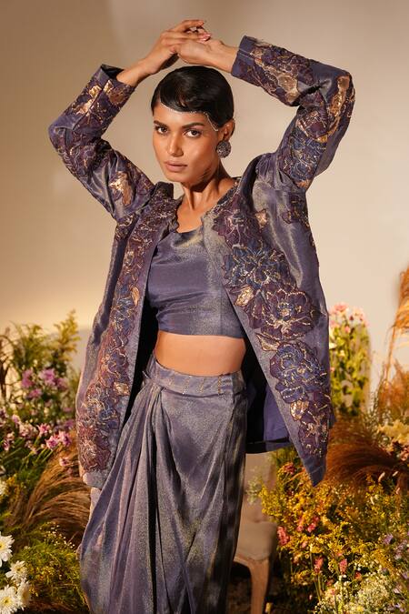 Buy_Midushi Bajoria_Purple Silk Petunia Applique Swarovski Embellished Jacket Draped Skirt Set 