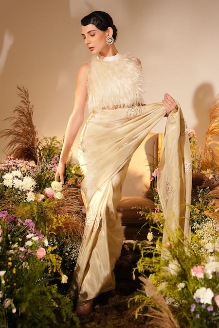 Midushi Bajoria Gold Fur, Silk Embroidery, Buttercup Swarovski Embellished Saree With Blouse Online at Aza Fashions Midushi Bajoria_Gold Fur, Silk Embroidery, Buttercup Swarovski Embellished Saree With Blouse _Online_at_Aza_Fashions