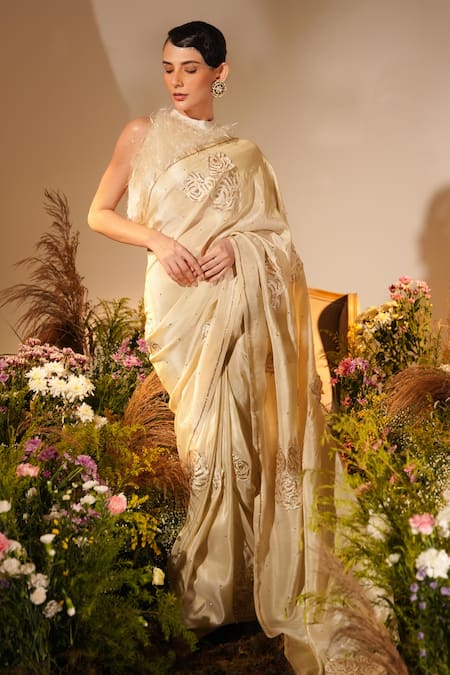 Midushi Bajoria Gold Fur, Silk Embroidery, Buttercup Swarovski Embellished Saree With Blouse at Aza Fashions Midushi Bajoria_Gold Fur, Silk Embroidery, Buttercup Swarovski Embellished Saree With Blouse _at_Aza_Fashions