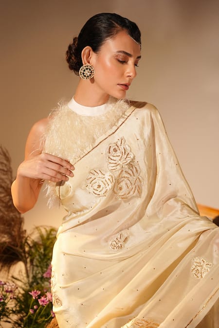 Buy Midushi Bajoria Gold Fur, Silk Embroidery, Buttercup Swarovski Embellished Saree With Blouse Buy_Midushi Bajoria_Gold Fur, Silk Embroidery, Buttercup Swarovski Embellished Saree With Blouse