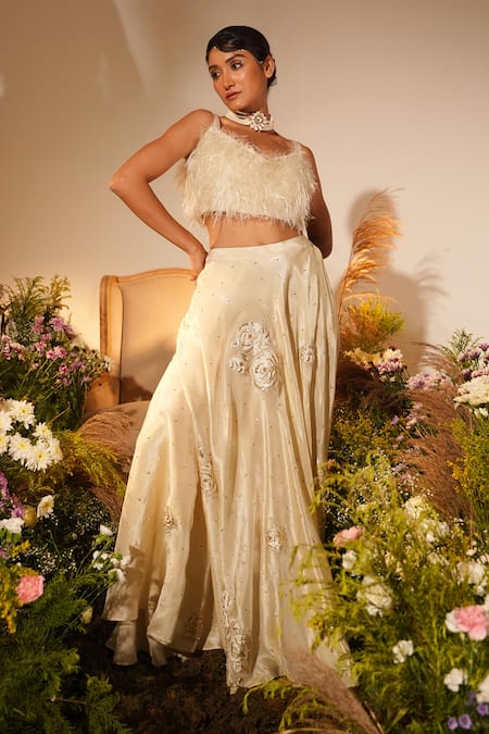 Shop_Midushi Bajoria_Gold Crepe, Fur, Tissue Applique, Buttercup Swarovski Embellished Lehenga Set _at_Aza_Fashions