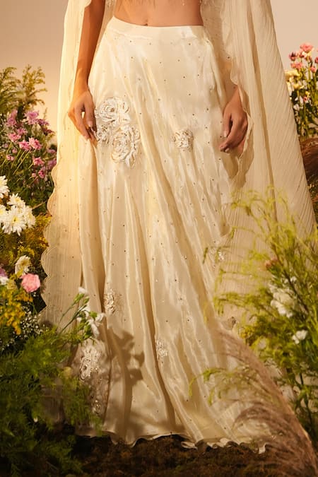 Midushi Bajoria_Gold Crepe, Fur, Tissue Applique, Buttercup Swarovski Embellished Lehenga Set _Online_at_Aza_Fashions