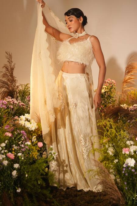 Buy_Midushi Bajoria_Gold Crepe, Fur, Tissue Applique, Buttercup Swarovski Embellished Lehenga Set _Online_at_Aza_Fashions