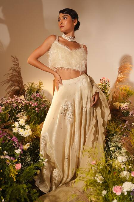 Shop_Midushi Bajoria_Gold Crepe, Fur, Tissue Applique, Buttercup Swarovski Embellished Lehenga Set _Online_at_Aza_Fashions
