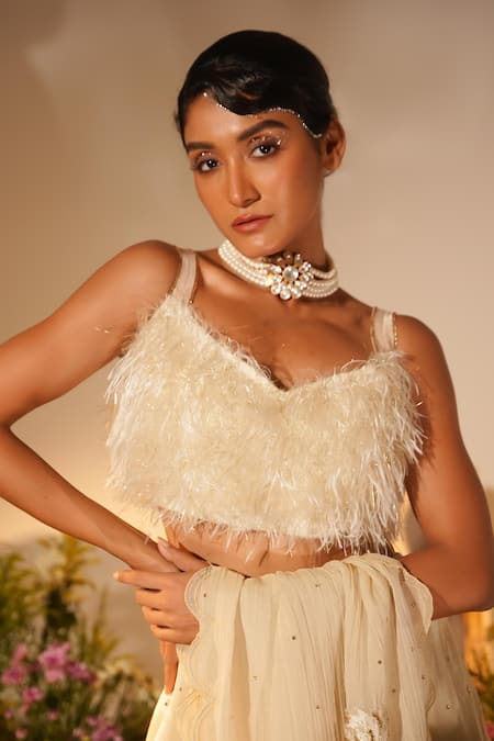 Midushi Bajoria_Gold Crepe, Fur, Tissue Applique, Buttercup Swarovski Embellished Lehenga Set _at_Aza_Fashions