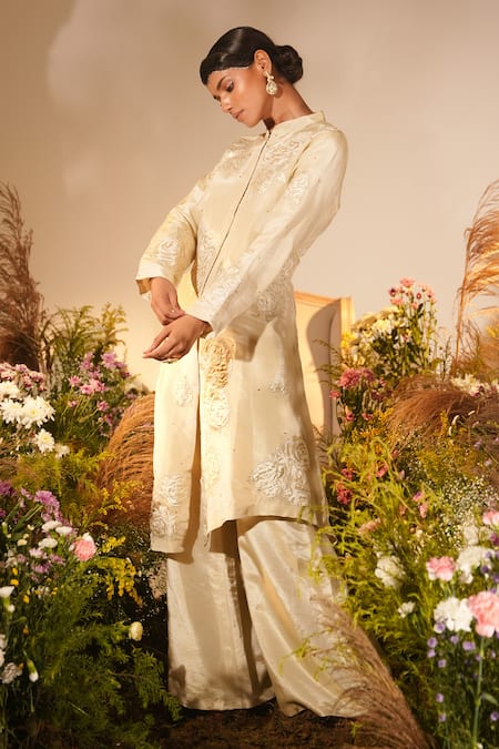 Shop_Midushi Bajoria_Gold Fur, Silk Dahlia Applique Swarovski Embellished Kurta With Sharara _at_Aza_Fashions