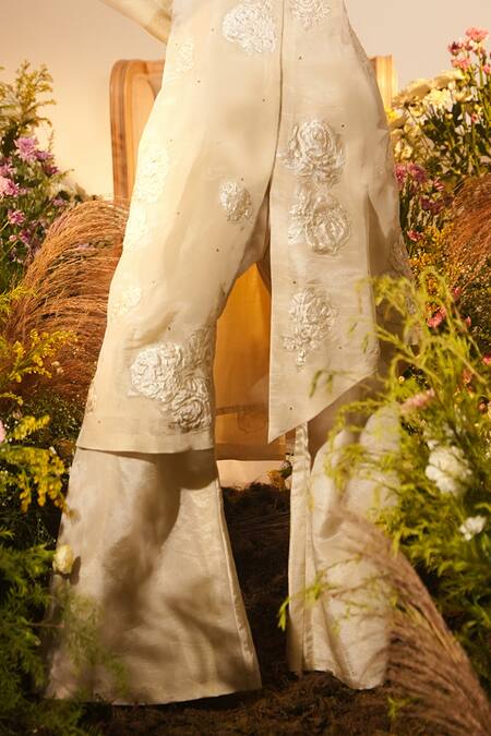 Shop_Midushi Bajoria_Gold Fur, Silk Dahlia Applique Swarovski Embellished Kurta With Sharara _Online_at_Aza_Fashions