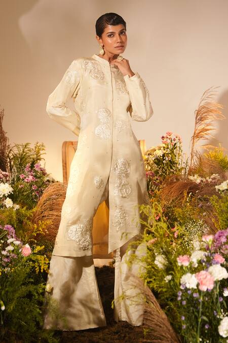 Midushi Bajoria_Gold Fur, Silk Dahlia Applique Swarovski Embellished Kurta With Sharara _at_Aza_Fashions