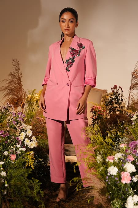 Midushi Bajoria Pink Banana Crepe Embroidery Cutdana Lapel Rosa Swarovski Blazer With Pant 