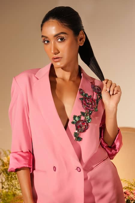 Shop_Midushi Bajoria_Pink Banana Crepe Embroidery Cutdana Lapel Rosa Swarovski Blazer With Pant _Online_at_Aza_Fashions