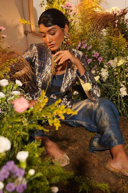 Shop_Midushi Bajoria_Blue Stripe Tissue Shawl Lapel Collar Peplum Jacket Pant Set _Online_at_Aza_Fashions