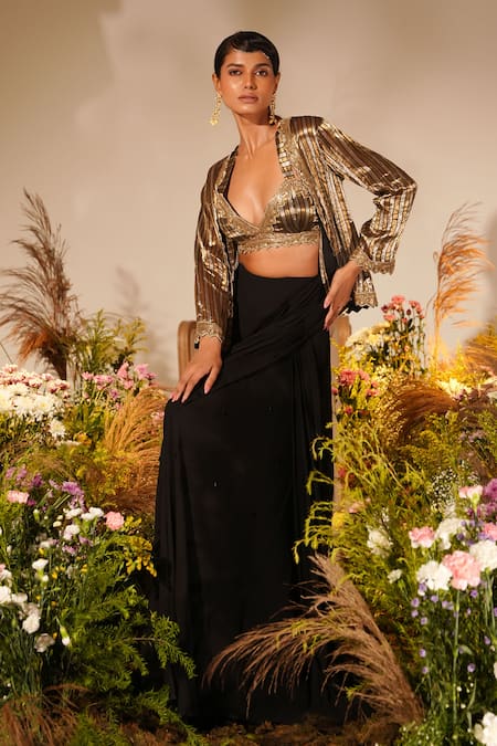 Midushi Bajoria_Black Georgette, Tissue Cut Work, Stones Striped Jacket Pre-draped Saree Set _Online_at_Aza_Fashions