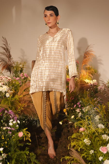 Shop_Midushi Bajoria_Gold Crepe Embroidery V-neck Striped A-line Kurta With Dhoti Pant _at_Aza_Fashions