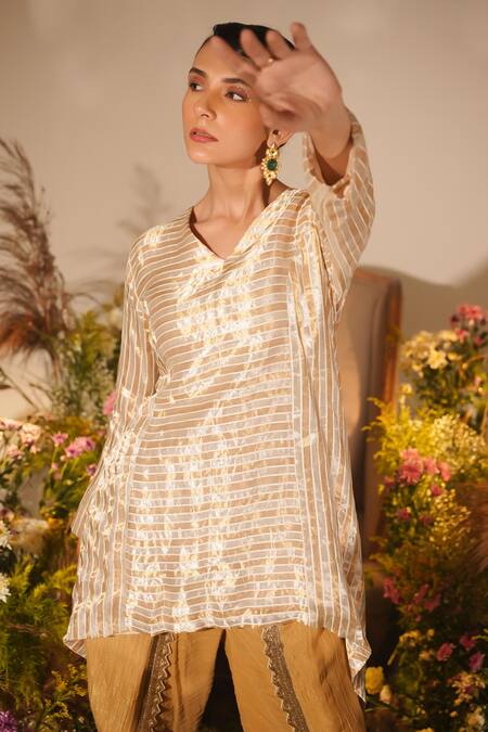 Buy_Midushi Bajoria_Gold Crepe Embroidery V-neck Striped A-line Kurta With Dhoti Pant _Online_at_Aza_Fashions