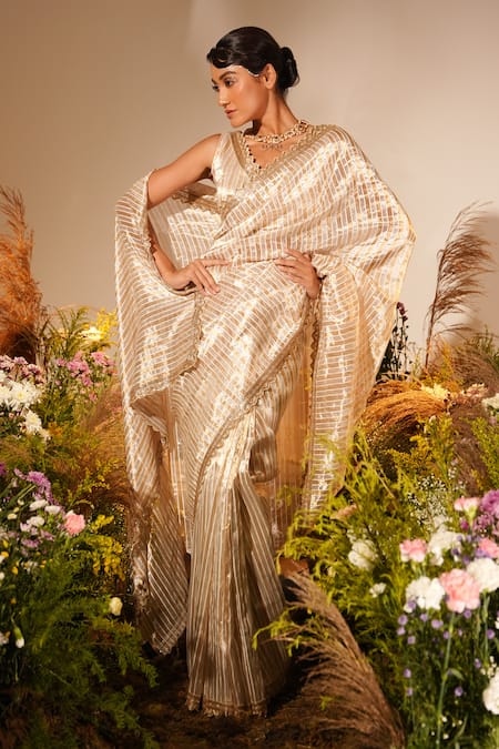 Buy Midushi Bajoria Gold Tissue Cut Work, Embroidery V-neck Striped Saree With Blouse Online at Aza Fashions Buy_Midushi Bajoria_Gold Tissue Cut Work, Embroidery V-neck Striped Saree With Blouse _Online_at_Aza_Fashions