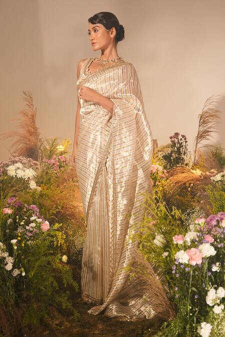 Buy Midushi Bajoria Gold Tissue Cut Work, Embroidery V-neck Striped Saree With Blouse Buy_Midushi Bajoria_Gold Tissue Cut Work, Embroidery V-neck Striped Saree With Blouse