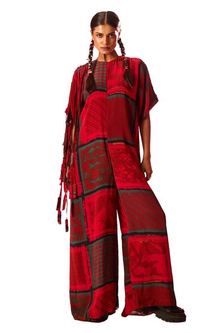 Label Shristi Chetani_Red Crepe Round Neck Printed Box Fit Jumpsuit _Online_at_Aza_Fashions