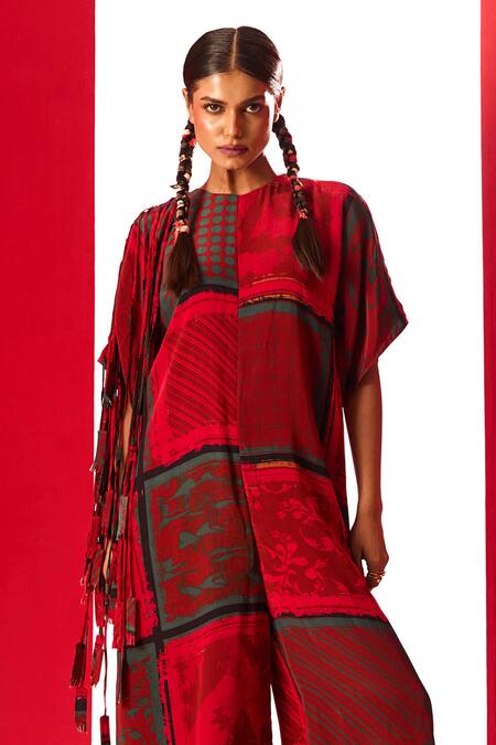 Buy_Label Shristi Chetani_Red Crepe Round Neck Printed Box Fit Jumpsuit _Online_at_Aza_Fashions