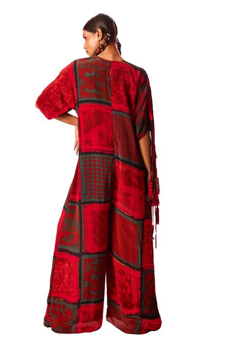 Label Shristi Chetani_Red Crepe Round Neck Printed Box Fit Jumpsuit _at_Aza_Fashions