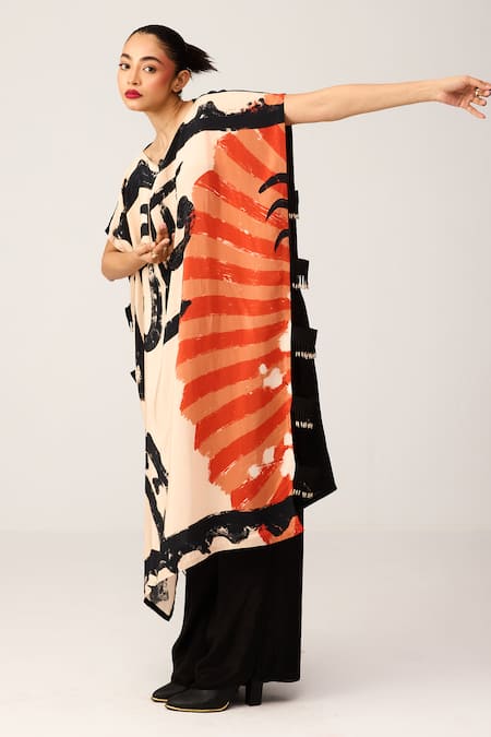 Label Shristi Chetani_Beige Boat Neck Abstract Print Kaftan And Pant Set_Online_at_Aza_Fashions