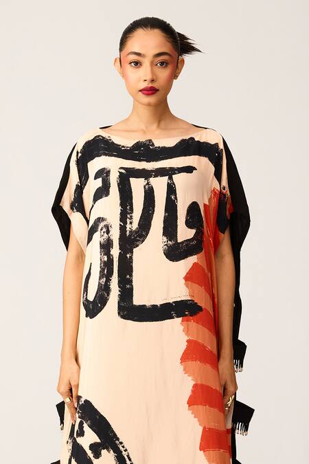 Shop_Label Shristi Chetani_Beige Boat Neck Abstract Print Kaftan And Pant Set_Online_at_Aza_Fashions