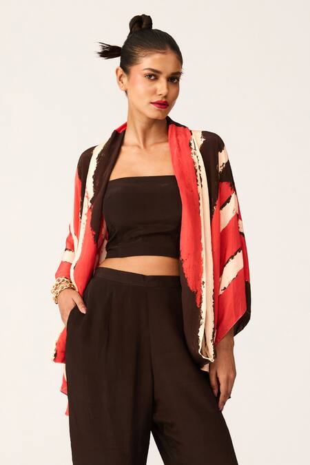 Buy_Label Shristi Chetani_Black Crepe Open Neck Printed Jacket And Pant Set _Online_at_Aza_Fashions