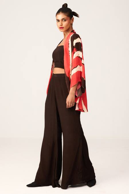 Shop_Label Shristi Chetani_Black Crepe Open Neck Printed Jacket And Pant Set _Online_at_Aza_Fashions