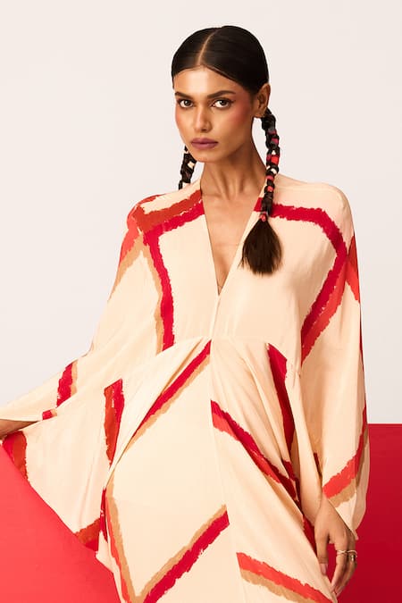 Label Shristi Chetani_Beige Crepe V-neck Printed Kimono Shift Dress _Online_at_Aza_Fashions