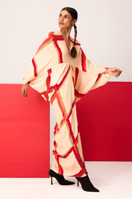 Buy_Label Shristi Chetani_Beige Crepe V-neck Printed Kimono Shift Dress _Online_at_Aza_Fashions