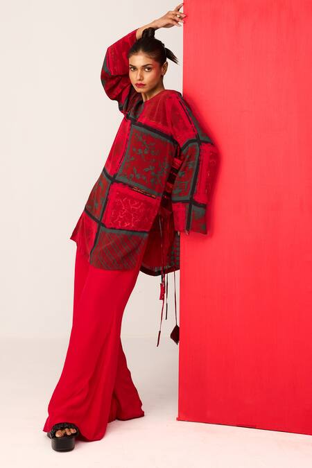 Buy Label Shristi Chetani Red Crepe Fringe Round Neck Printed Top With Flared Pant Online at Aza Fashions Buy_Label Shristi Chetani_Red Crepe Fringe Round Neck Printed Top With Flared Pant_Online_at_Aza_Fashions