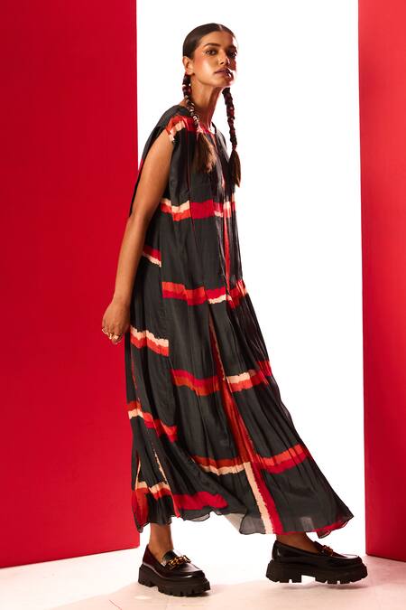 Shop_Label Shristi Chetani_Red Crepe Round Neck Linear Print A-line Dress _Online_at_Aza_Fashions