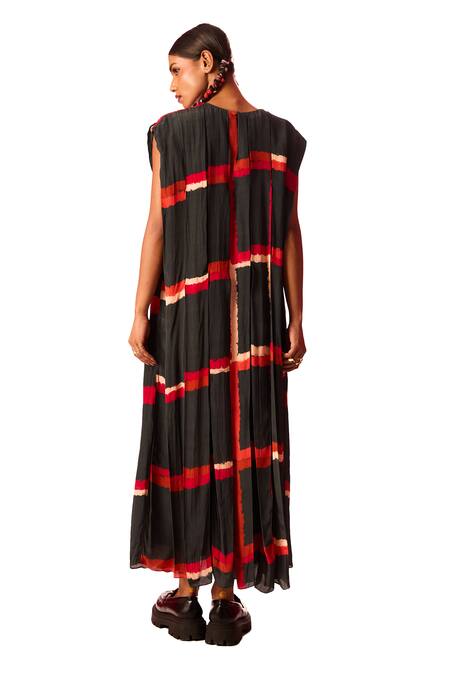 Label Shristi Chetani_Red Crepe Round Neck Linear Print A-line Dress _at_Aza_Fashions